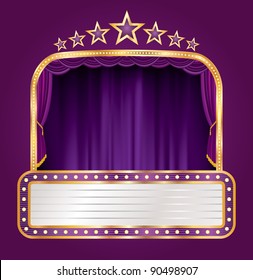 vector purple velvet stage with blank billboard and stars