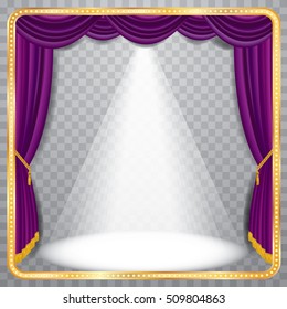 vector purple velvet stage with one white spot light, transparent background eps 10, layered and editable blank theater or cinema background