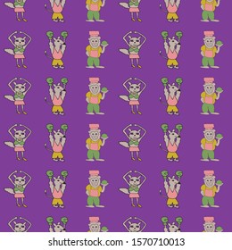 Vector purple vertical anthropomorphic characters seamless pattern background