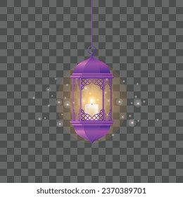Vector purple vintage luminous lanterns. arabic shining lamps. isolated hanging realistic lamps.