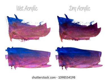 Vector purple, violet, blue paint smear stroke stain set. Abstract acrylic textured art illustration. Acrilyc Texture Paint Illustration. Hand drawn brush strokes vector elements. Acrilyc strokes.