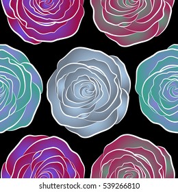 Vector purple, violet and blue rose flowers seamless pattern.