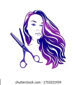 Vector purple violet gradient silhouette drawing head and the face beautiful girl  lady  woman and long hair   comb Logo for hairdressers   beauty salons Milling shears icon Fashion 