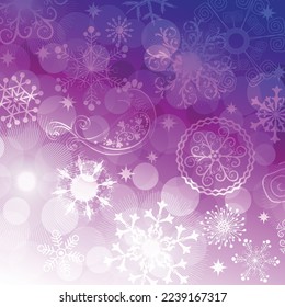 Vector purple and white christmas frame with hand drawn vintage snowflakes and bird