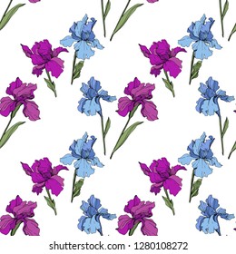 Vector Purple, yellow and blue iris. Floral botanical flower. Wild spring leaf wildflower isolated. Engraved ink art. Seamless background pattern. Fabric wallpaper print texture.