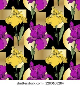 Vector Purple, yellow and blue iris. Floral botanical flower. Wild spring leaf wildflower isolated. Engraved ink art. Seamless background pattern. Fabric wallpaper print texture.