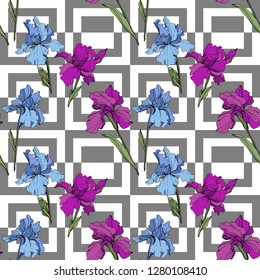 Vector Purple, yellow and blue iris. Floral botanical flower. Wild spring leaf wildflower isolated. Engraved ink art. Seamless background pattern. Fabric wallpaper print texture.