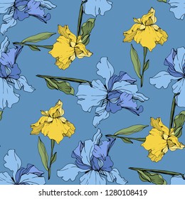 Vector Purple, yellow and blue iris. Floral botanical flower. Wild spring leaf wildflower isolated. Engraved ink art. Seamless background pattern. Fabric wallpaper print texture.