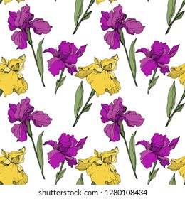 Vector Purple, yellow and blue iris. Floral botanical flower. Wild spring leaf wildflower isolated. Engraved ink art. Seamless background pattern. Fabric wallpaper print texture.