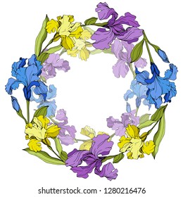 Vector Purple, yellow and blue iris floral botanical flower. Wild spring leaf wildflower isolated. Engraved ink art. Frame border ornament square.