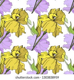 Vector Purple and yellow iris floral botanical flower. Wild spring leaf wildflower isolated. Engraved ink art. Seamless background pattern. Fabric wallpaper print texture.