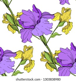 Vector Purple and yellow iris floral botanical flower. Wild spring leaf wildflower isolated. Engraved ink art. Seamless background pattern. Fabric wallpaper print texture.
