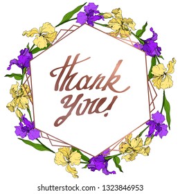 Vector Purple, yellow and maroon Iris floral botanical flower. Wild spring leaf wildflower isolated. Engraved ink art. Frame border ornament square.