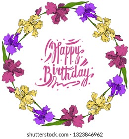 Vector Purple, yellow and maroon Iris floral botanical flower. Wild spring leaf wildflower isolated. Engraved ink art. Frame border ornament square.