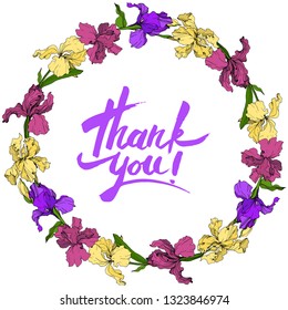 Vector Purple, yellow and maroon Iris floral botanical flower. Wild spring leaf wildflower isolated. Engraved ink art. Frame border ornament square.