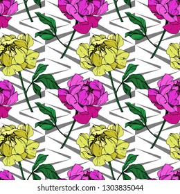 Vector Purple and yellow peony floral botanical flower. Wild spring leaf wildflower isolated. Engraved ink art. Seamless background pattern. Fabric wallpaper print texture.