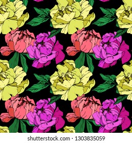 Vector Purple and yellow peony floral botanical flower. Wild spring leaf wildflower isolated. Engraved ink art. Seamless background pattern. Fabric wallpaper print texture.