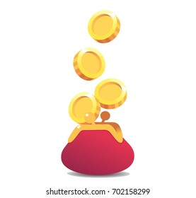 Vector Purse illustration. Treasure of gold coins on transparent background. Golden coin.