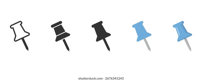 Vector push pin set in blue, black, and outline styles. Thumbtack icons for office stationery, corkboards, reminders, notes, maps, planners, and digital design projects