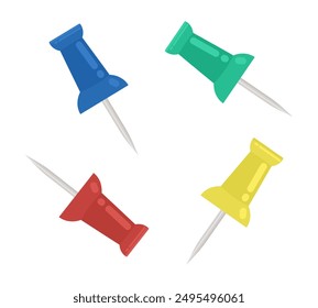 Pasadores de empuje de los Vectores, Botones de fijación. Papelería de colores dibujada a mano aislada sobre fondo blanco. Material escolar y de oficina, Pulseras para fijar en diferentes colores. Ilustración vectorial plana de color