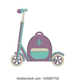 Vector push scooter and backpack. Vector illustration. 