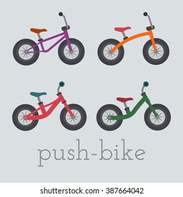 Vector push-bike set  illustration isolated on gray background.