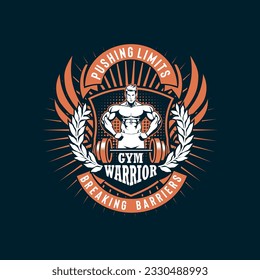 Vector Pushing Limits Gym Warrior Emblem Tshirt Design Dark Background