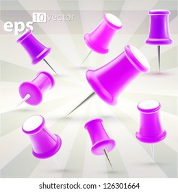 Vector pushpin icons made of glossy bright plastic