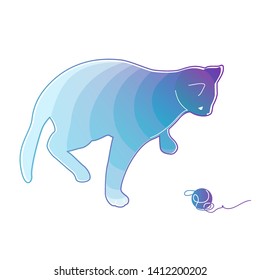 Vector pussycat playing with wool ball. Colorful striped pet silhouette isolated on white. Kitty having fun with clew.