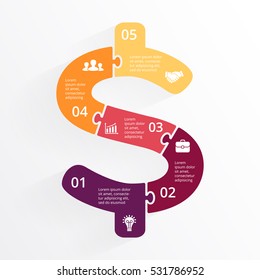 Vector puzzle arrows dollar infographic. Template for money diagram, graph, presentation and round chart. Business logo concept with 5 options, parts, steps or processes. Currency exchange.