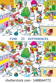 Vector puzzle with a city street before Christmas. In the illustration, you need to find 23 differences in the pictures with the characters on New Year's Day. 