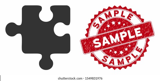 Vector puzzle detail icon and rubber round stamp watermark with Sample phrase. Flat puzzle detail icon is isolated on a white background. Sample stamp seal uses red color and scratched texture.