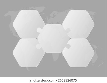 Proceso de infografía de diagrama de rompecabezas de Vector en 5 partes, opciones o procesos. Línea de tiempo de Plantilla para diagrama, gráfico, presentación y gráfico. Cinco pasos de rompecabezas hexagonal gris para negocios, concepto de flujo