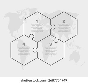 Diagrama de quebra-cabeça de vetor processo infográfico em 4 partes, opções ou processos. Linha de tempo do modelo para diagrama, gráfico, apresentação e gráfico. Quatro passos hexágono para negócios, conceito de fluxo