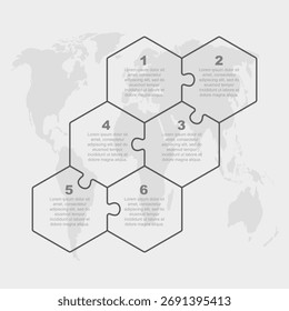 Proceso de infografía de diagrama de rompecabezas de Vector en 6 partes, opciones o procesos. Línea de tiempo de Plantilla para diagrama, gráfico, presentación y gráfico. Seis pasos hexágono rompecabezas para los negocios, concepto de flujo