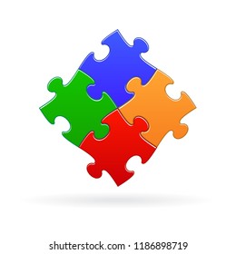 vector puzzle of four pieces of blue, red, green and yellow combine into one showing teamwork in business