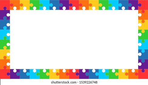 Vector puzzle frame. Rainbow colors. Suitable for postcards, invintations.