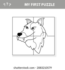 Juego de rompecabezas vectorial para niños. Rompecabezas con el lobo. Juego de jigsaw para niños. Visual, rebus, puzzle, juego educativo para niños preescolares. página Colorante