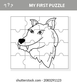 Juego de rompecabezas vectorial para niños. Rompecabezas con el lobo. Juego de jigsaw para niños. Visual, rebus, puzzle, juego educativo para niños preescolares. página Colorante