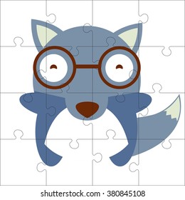 Vector puzzle game for children. Puzzle with wolf. Jigsaw game for kid. Visual, rebus, puzzle, educational game for preschool child