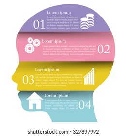 Vector puzzle human face infographic. Cycle brainstorming diagram. Creativity, generating ideas, minds flow, thinking, imagination and inspiration concept. 4, options, parts, steps or processes