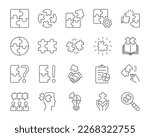 Vector puzzle icons. Editable stroke line icon set. Simple elements teamwork problem solving. Questions and answers decision making planning. Creative idea handshake search whole and particular
