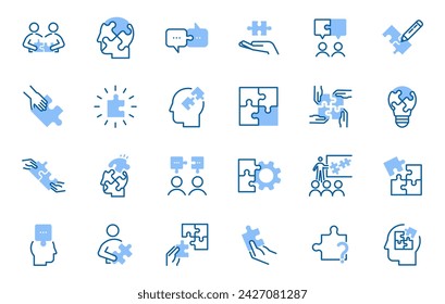 Vector Puzzle Icons: Thin Line Illustrations for Teamwork, Creativity, Problem-Solving, Mental Health and Psychology