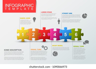 Vector Puzzle Infographic Report Template Made From Colorful Jigsaw Pieces, Icons And Description Text