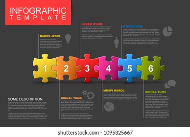 Vector puzzle Infographic report template made from colorful jigsaw pieces, icons and description text - dark version