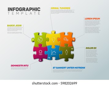 Vector puzzle Infographic report template made from colorful jigsaw pieces, icons and description text