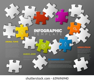 Vector puzzle Infographic report template made from colorful jigsaw pieces, icons and description text