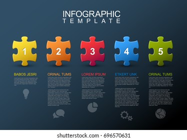 Vector puzzle Infographic report template made from colorful jigsaw pieces, icons and description text - dark version