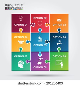 Vector puzzle infographic. Template for diagram, graph, presentation and chart. Business concept with 9 options, parts, steps or processes. Data visualization.