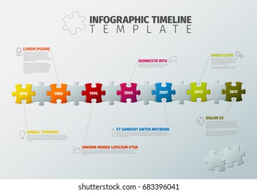 Vector puzzle Infographic timeline report template made from colorful jigsaw pieces, icons and description text